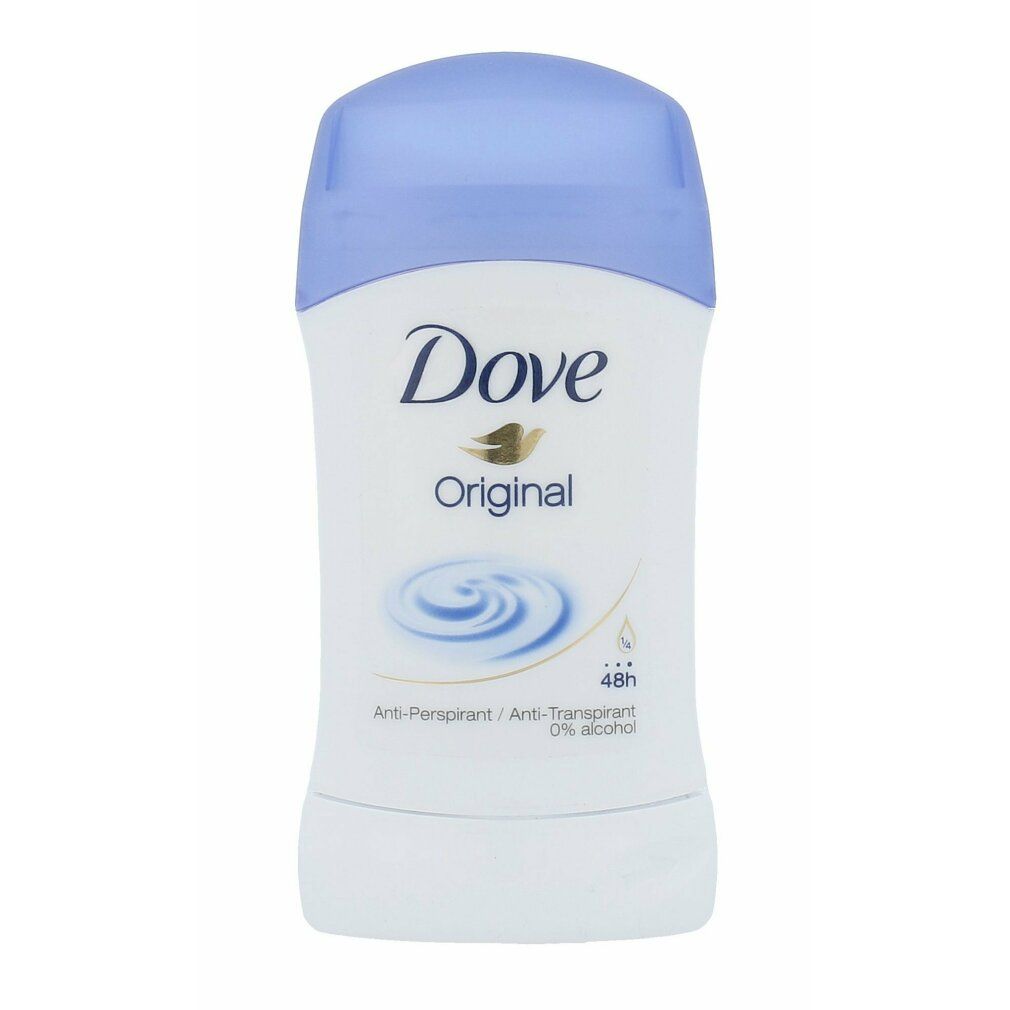 Deodorant-Stick Dove Original, weiß mit blauem Deckel. Aufschrift Dove Original, Anti-Transpirant, 48h Schutz, 0% Alkohol.