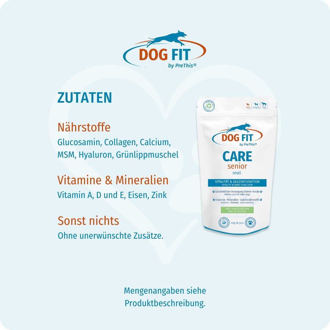 Text: Zutaten: Nährstoffe, Vitamine & Mineralien, sonst nichts. Ohne unerwünschte Zusätze. Beutel CARE small.