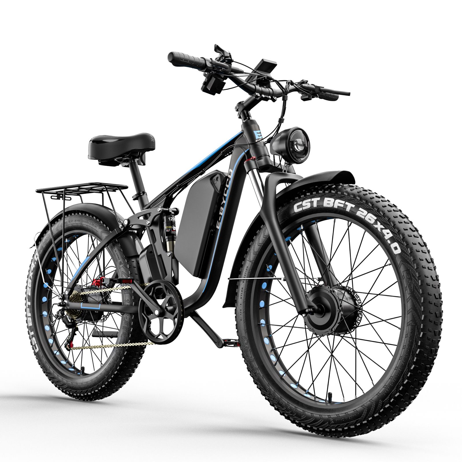 Schwarzes E-Bike mit breiten Reifen. Seitenansicht. Gepäckträger, Akku, Sattel, CST BFT-Reifen.