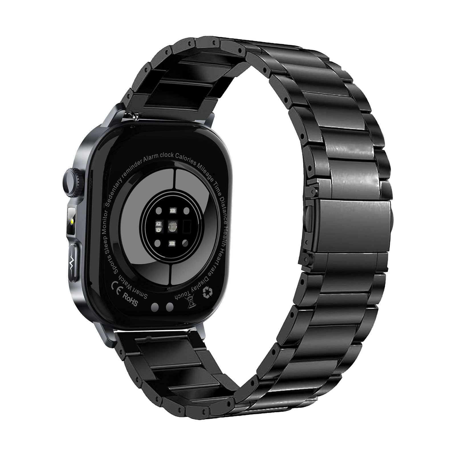 Rückseite einer schwarzen Smartwatch mit Metallarmband. Sensoren und Schriftzüge. CE-Kennzeichnung.
