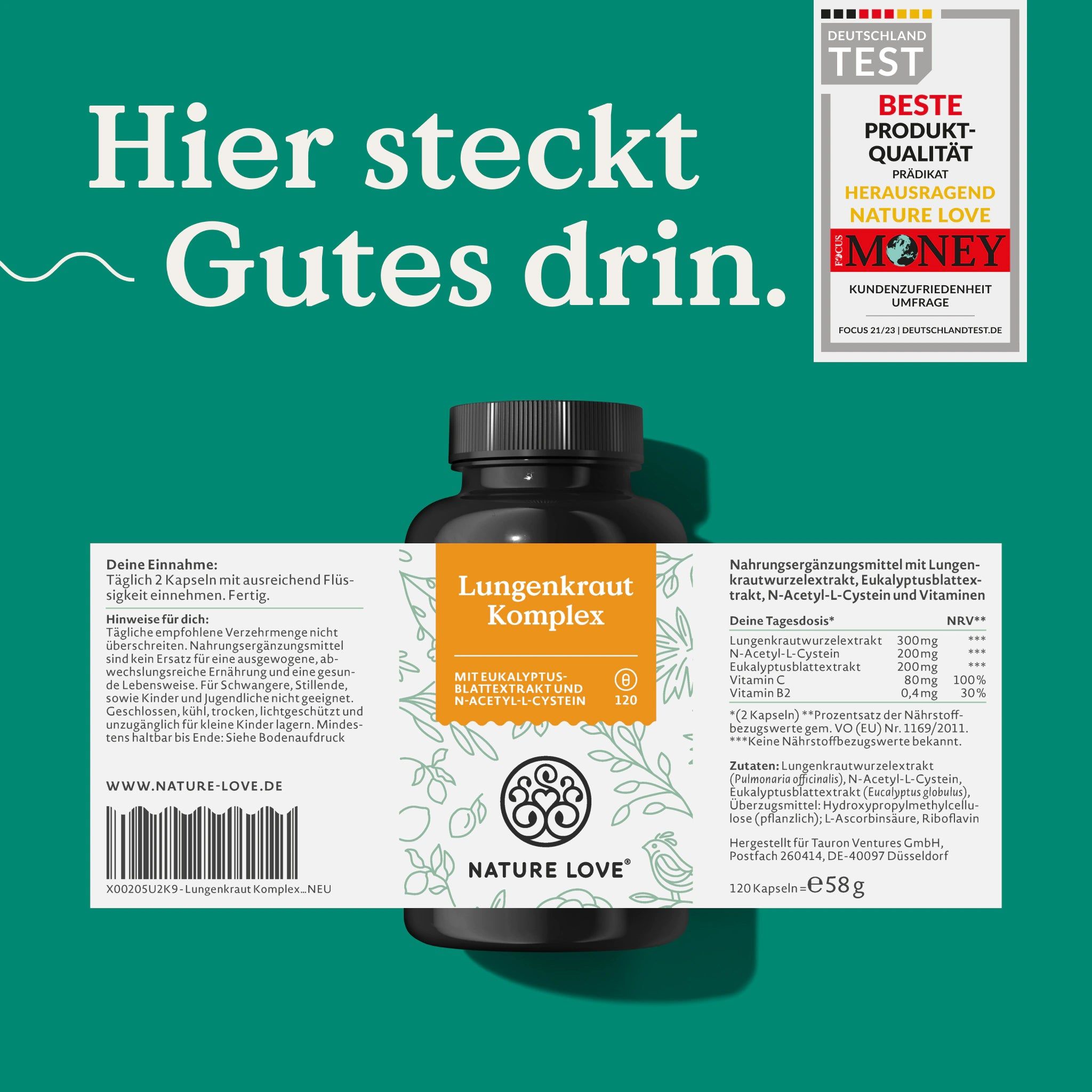 Kapsel-Dose mit Etikett. Aufschrift: Lungenkraut Komplex, NATURE LOVE®. Text und Logo. Hintergrund mit Text und Logo.