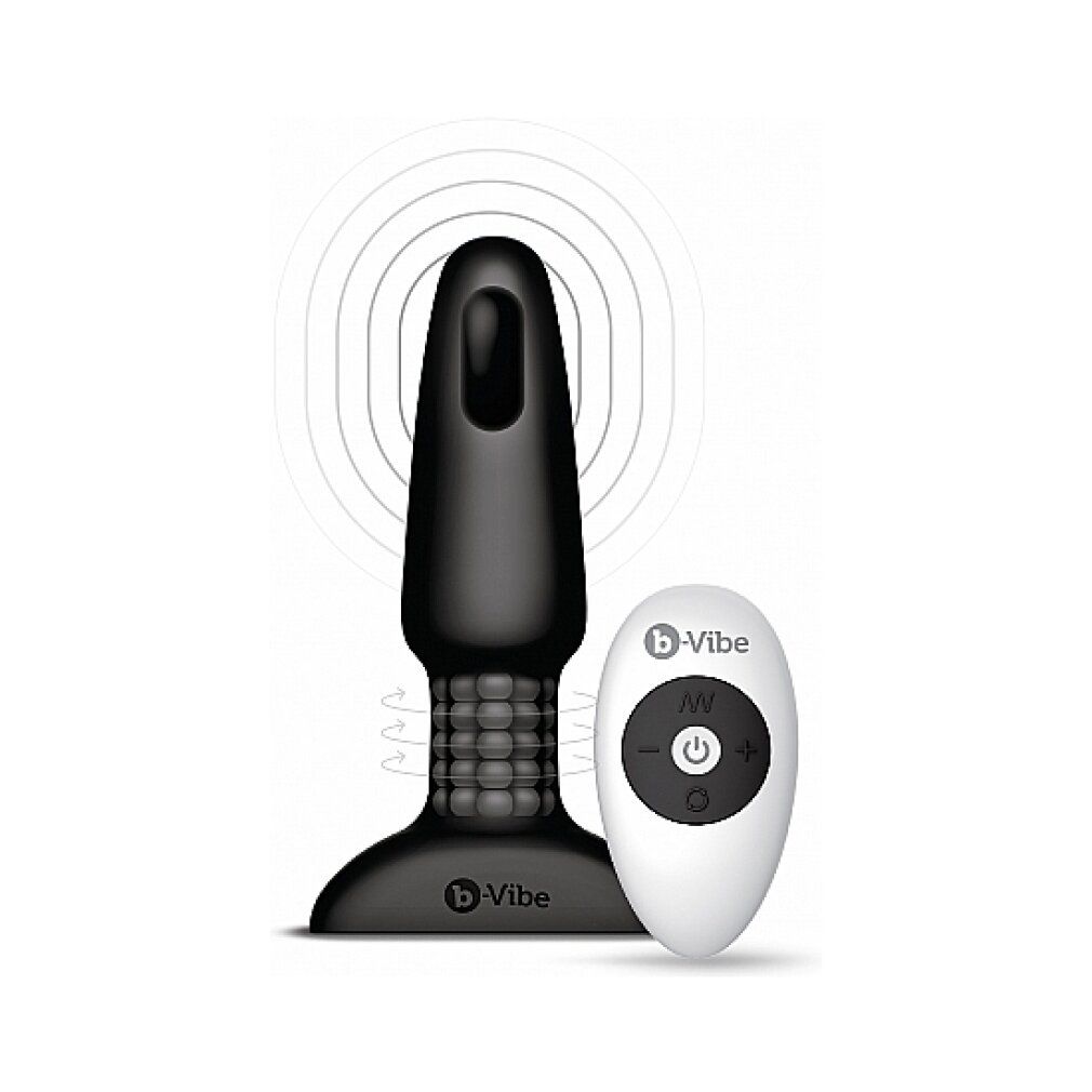 Schwarzer b-Vibe Rim Plug 2 mit Fernbedienung. Produktname und Logo sichtbar. Wellen-Grafik im Hintergrund.