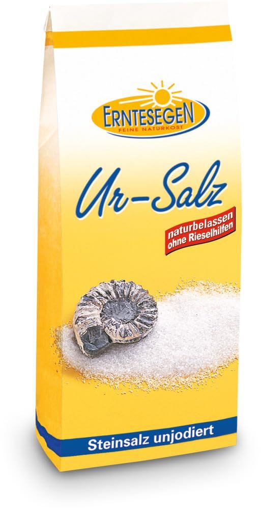 Verpackung Erntesegen Ur-Salz, fein. Gelber Beutel mit Ammoniten-Fossil und Salz. "Steinsalz unjodiert" aufgedruckt.