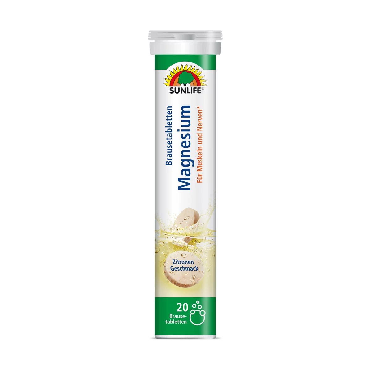 Zylindrische Tube mit Sunlife Magnesium Brausetabletten. Aufschrift: Magnesium, Zitronen Geschmack, 20 Brausetabletten.