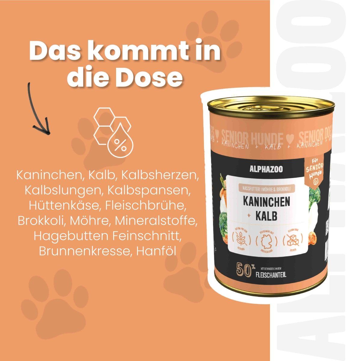 Dose Nassfutter mit Zutaten. Text: alphazoo Kaninchen + Kalb. Zutaten: Kaninchen, Kalb, Kalbsherzen, Kalbslungen, etc.