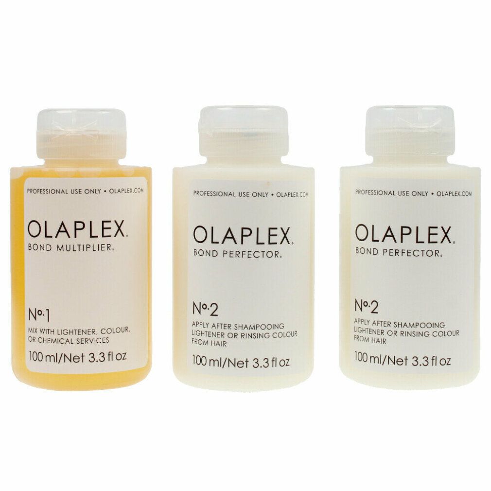 Drei Olaplex Flaschen: Nr. 1 Bond Multiplier und zwei Nr. 2 Bond Perfector.