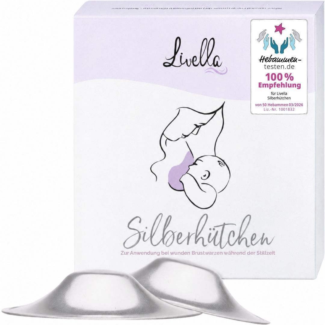 Livella Silberhütchen Verpackung mit zwei silbernen Brusthütchen und Siegeln.