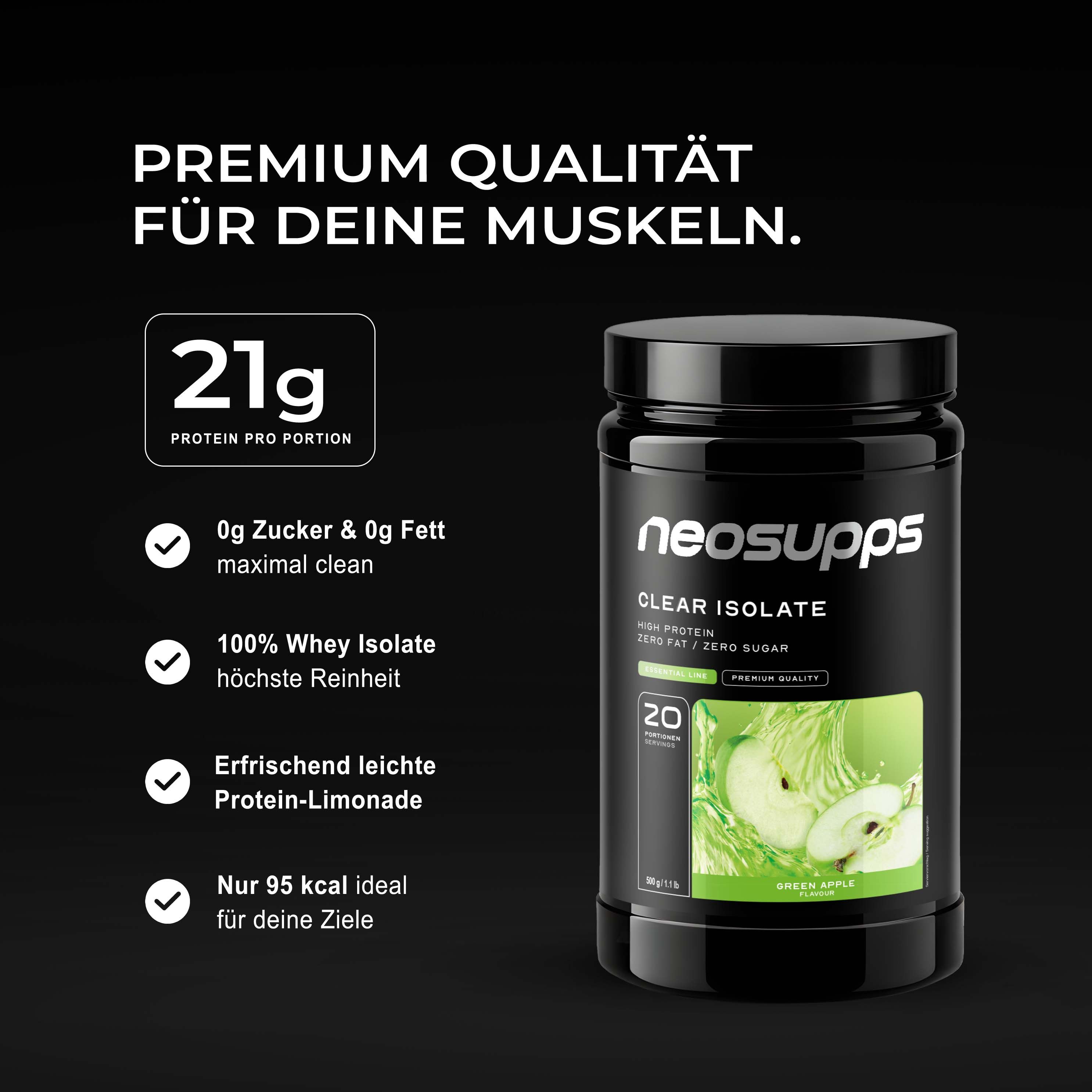 Neosupps Clear Whey Isolat Protein Pulver, 500g, Green Apple Geschmack