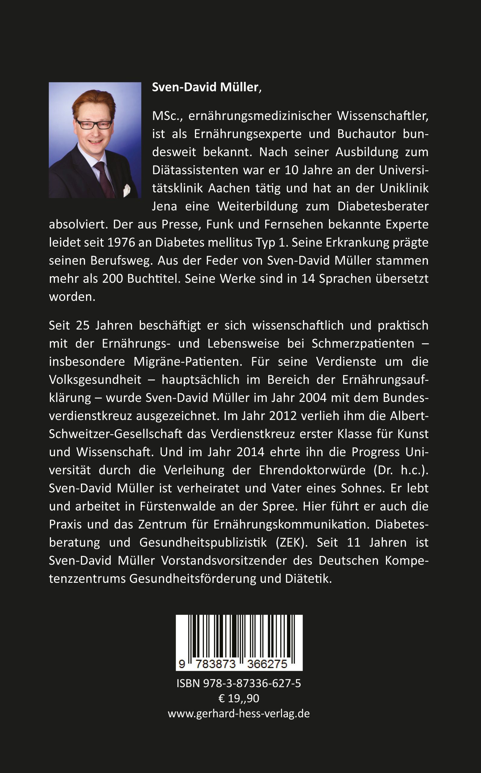 Rückseite des Buches "Migräne natürlich behandeln". Text über den Autor Sven-David Müller. ISBN, Preis, Verlag.