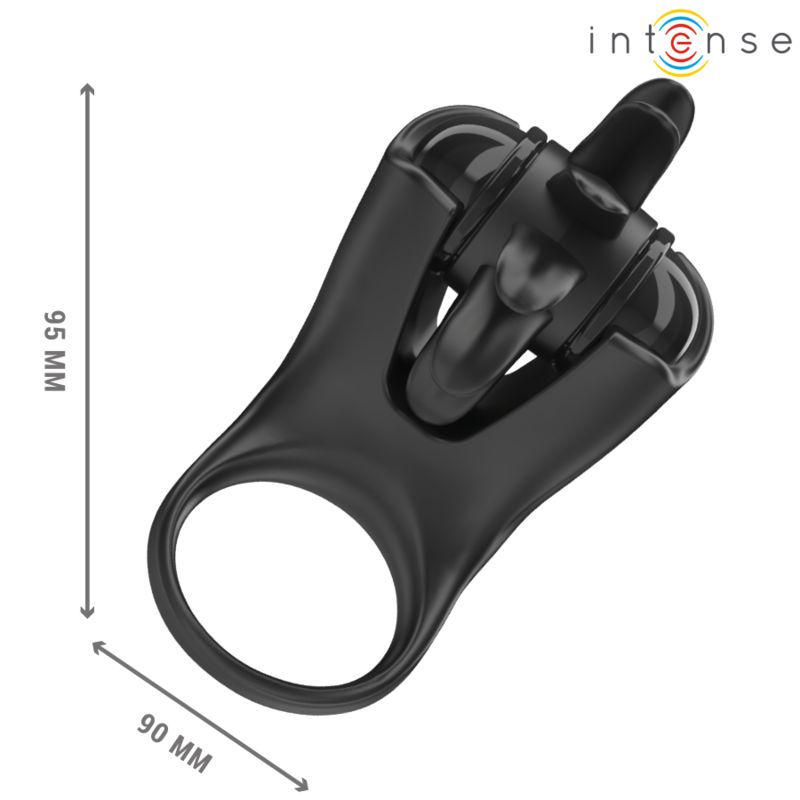 Schwarzer Vibrationsring mit Blütenblatt-Design. Abmessungen: 95 x 90 mm. Marke: Intense.