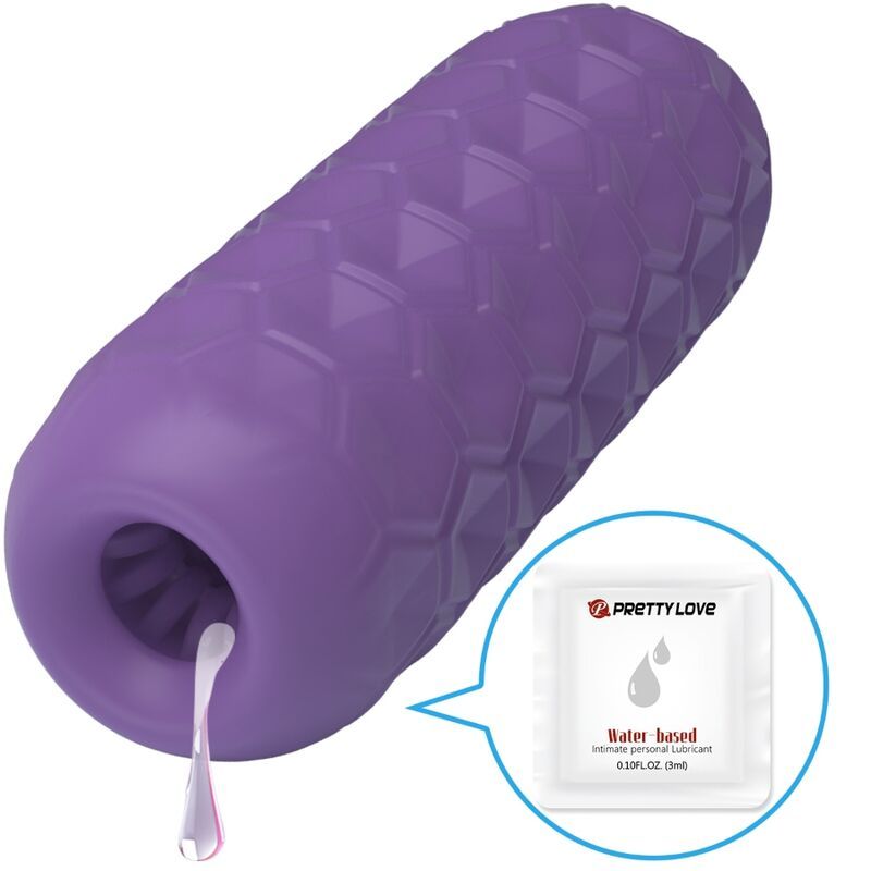 Lila Masturbator mit Wabendesign, mit einem Tropfen Gleitmittel und einer Packung.