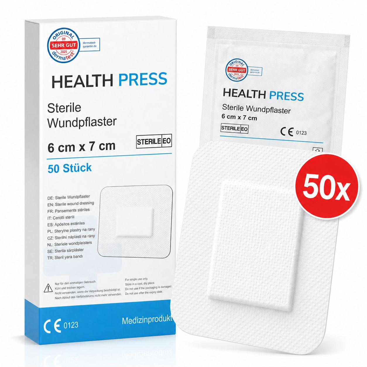 Verpackung und einzelnes steriles Wundpflaster 6x7 cm, 50 Stück, mit Hinweis auf 50x.