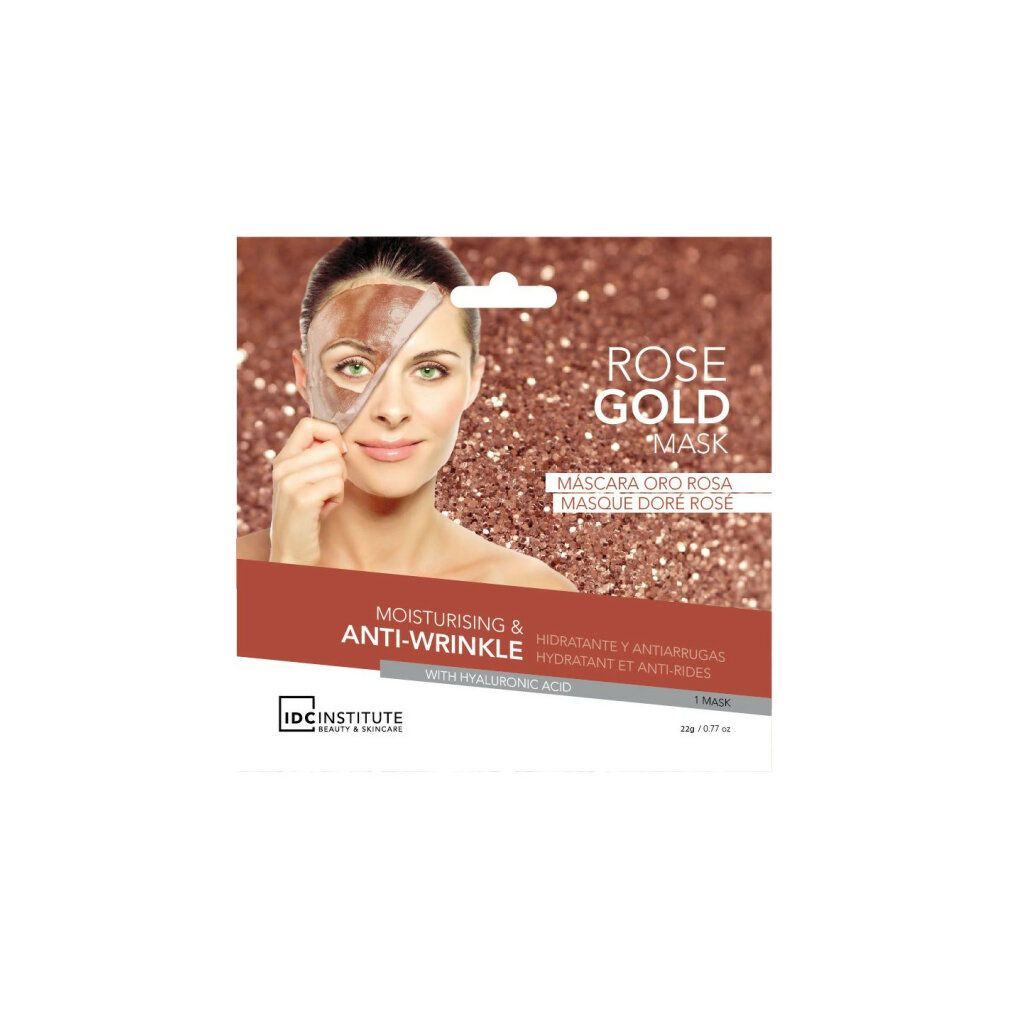 Gesichtsmaske Rose Gold, Anti-Falten-Effekt. Frau mit Maske auf der Hälfte des Gesichts. Verpackung mit Produktnamen und Marke.