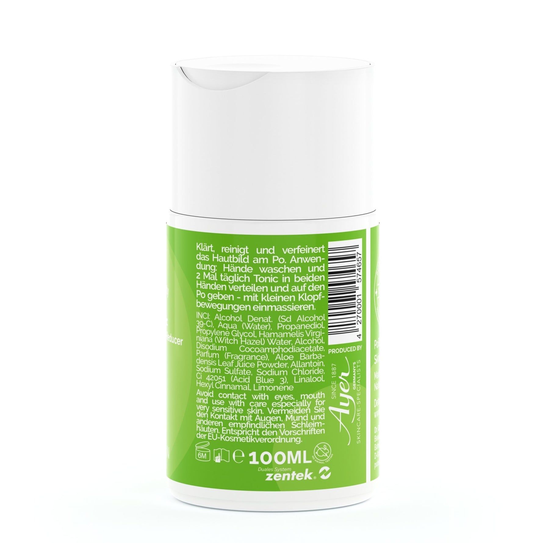 Weißer Zylinder mit grünem Etikett. Aufschrift: Ayer, 100ml, Inhaltsstoffe, Anwendungshinweise.