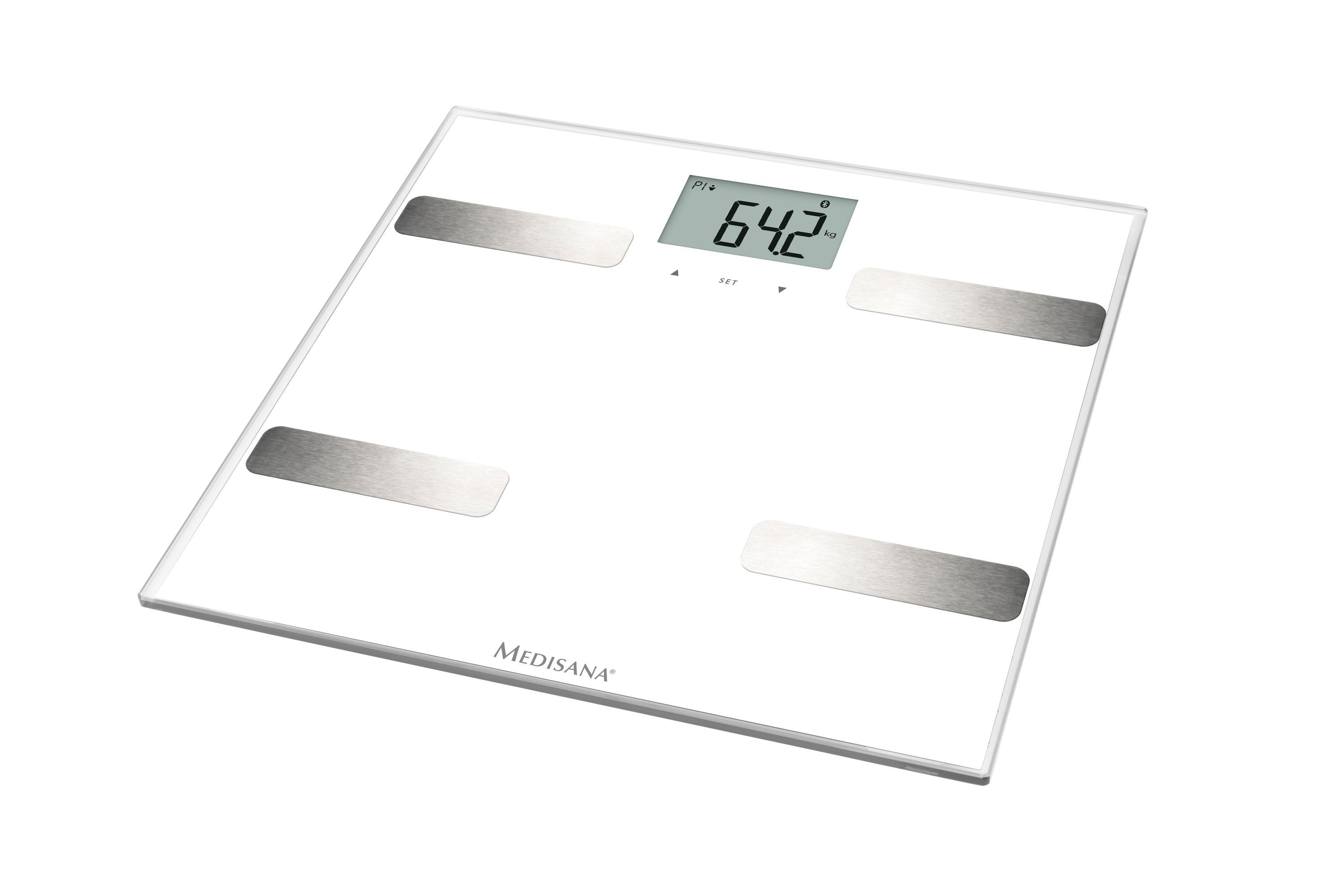 Weiße Körperanalysewaage mit LCD-Display und vier Metallelektroden, aus einer schrägen Draufsicht.