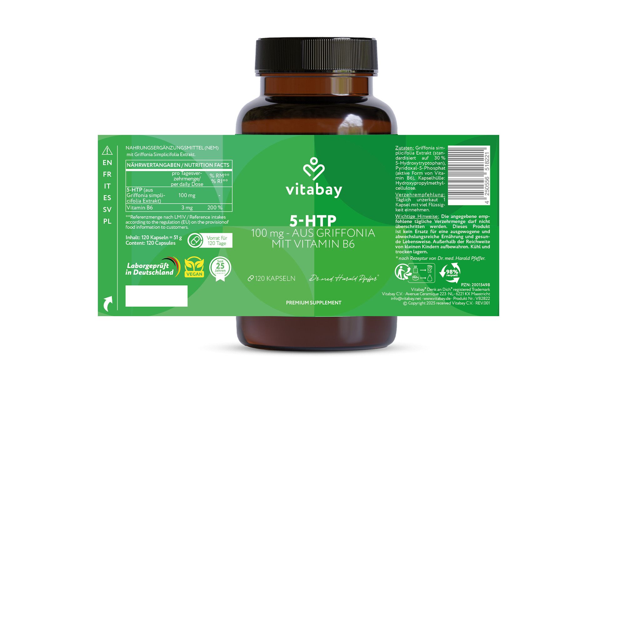 Braune Flasche mit Etikett. Text: Vitabay, 5-HTP, 100 mg, aus Griffonia mit Vitamin B6. Informationen zur Zusammensetzung.