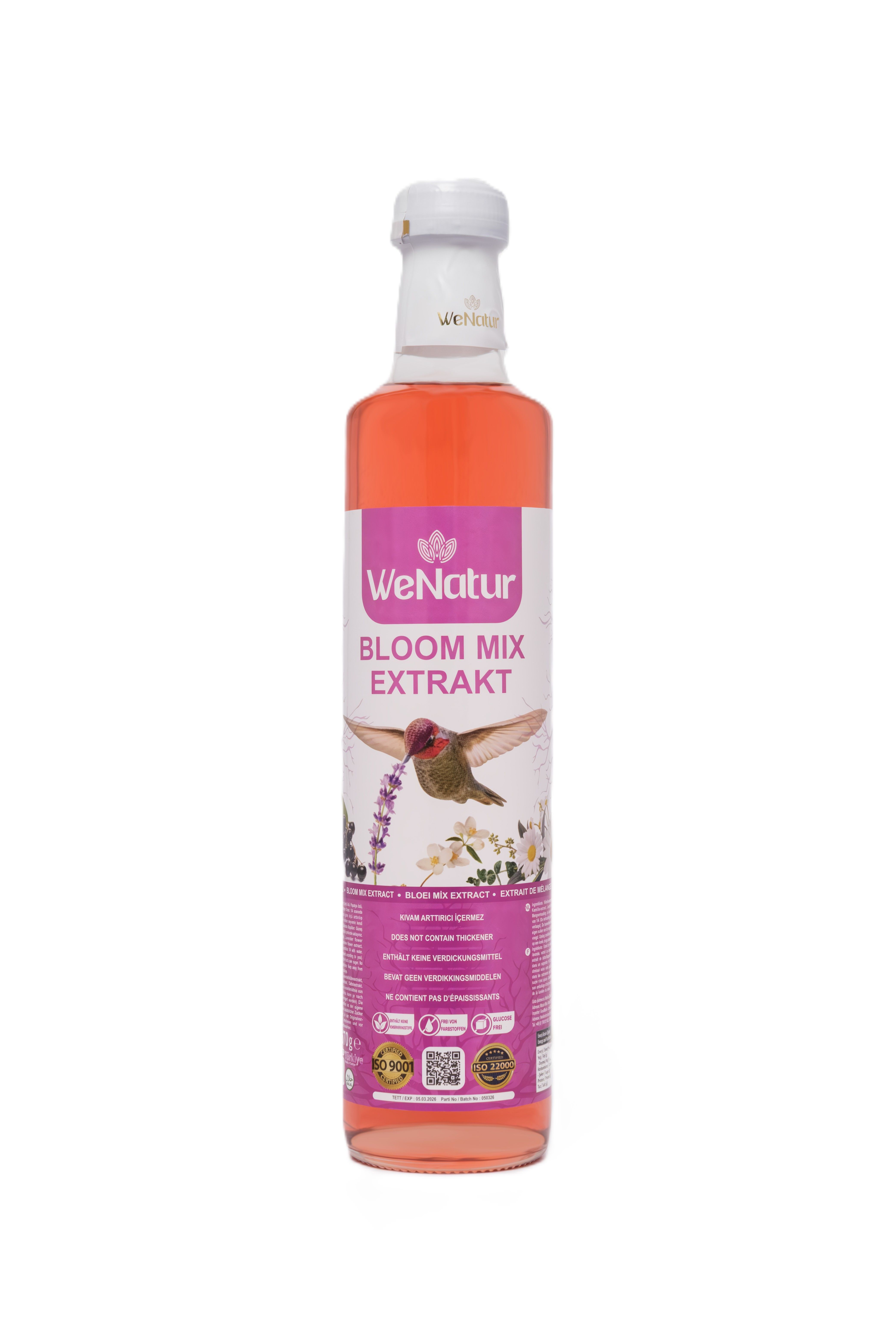 WeNatur Blaubeer Extrakt Flasche mit Vogelmotiv.