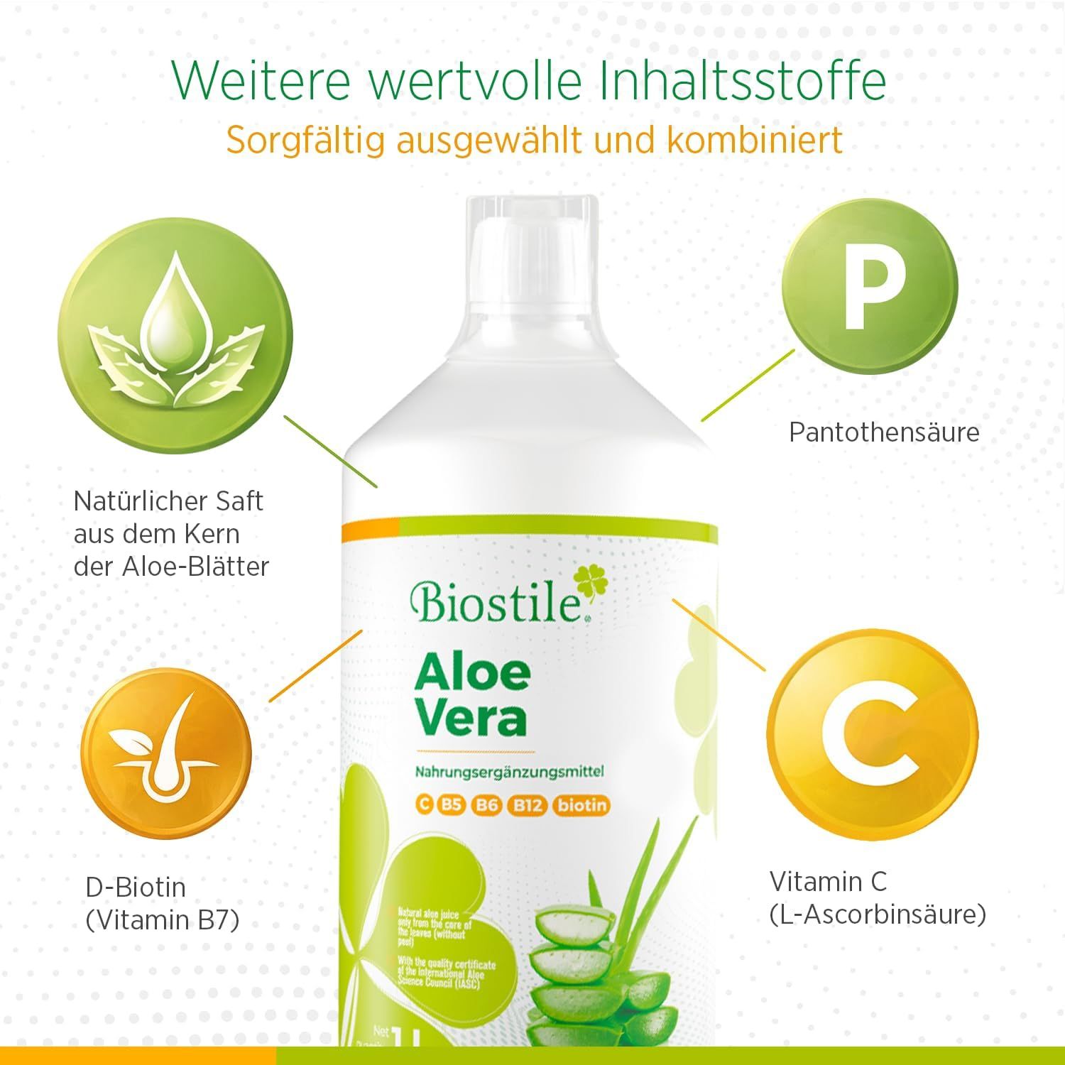 Biostile Aloe Vera Saftflasche mit Vitamin C, B-Biotin und Pantothensäure.