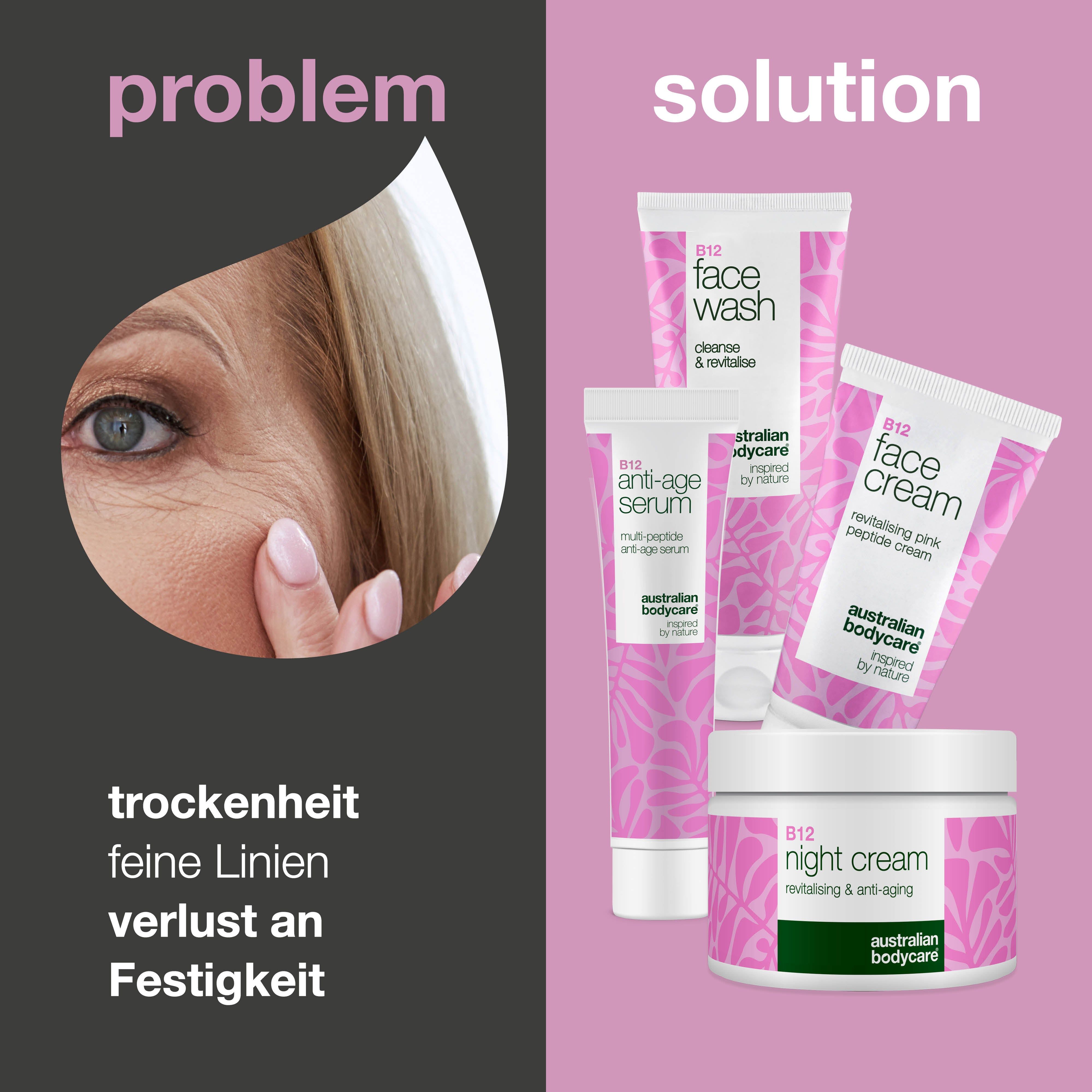 Vergleich von Hautproblemen und Lösungen. Gesicht mit Falten. Produkte: Face Wash, Face Cream, Anti-Age Serum, Night Cream.