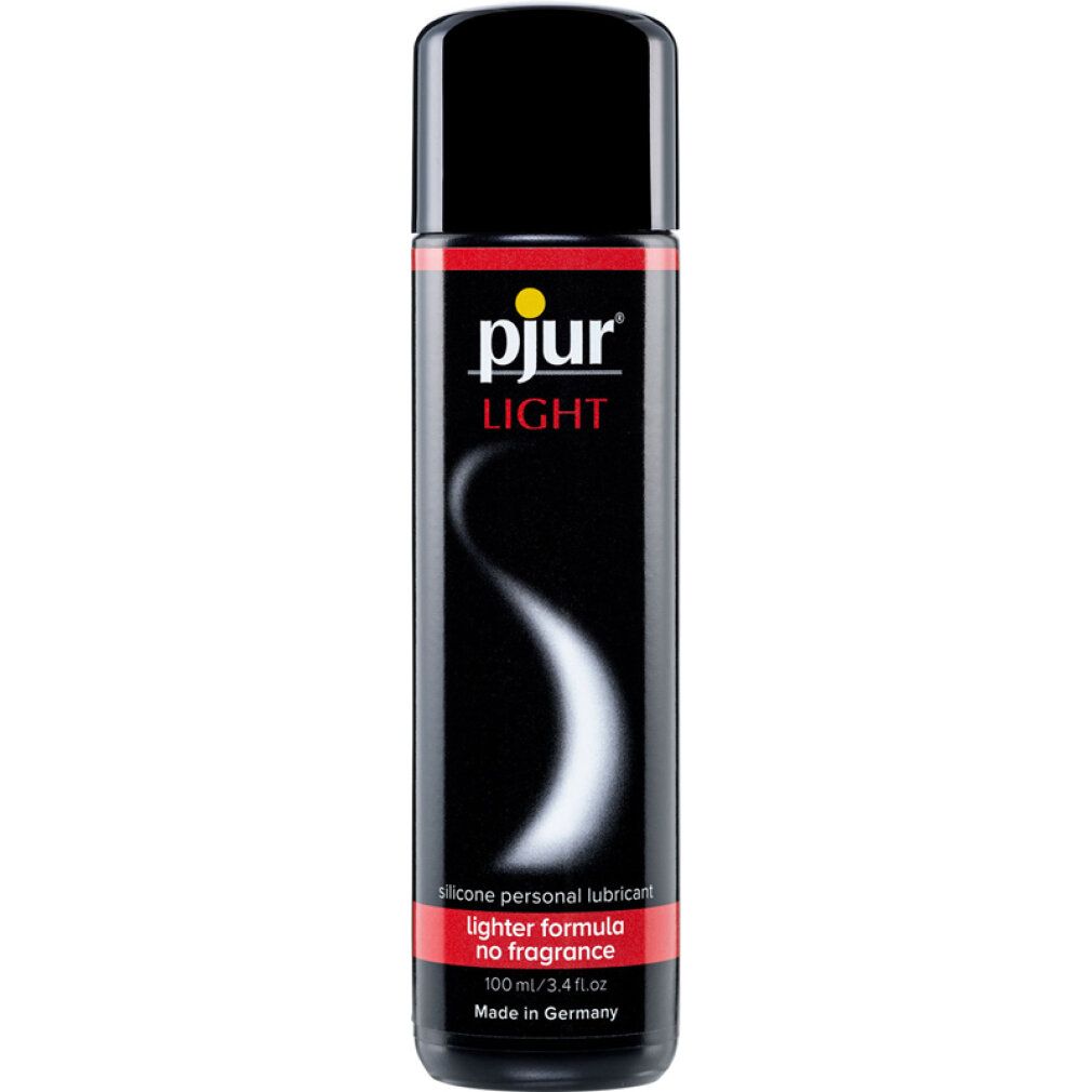 Schwarze Flasche mit gelbem Logo "pjur LIGHT". Roter Streifen mit Text. Enthält "Silicone personal lubricant".