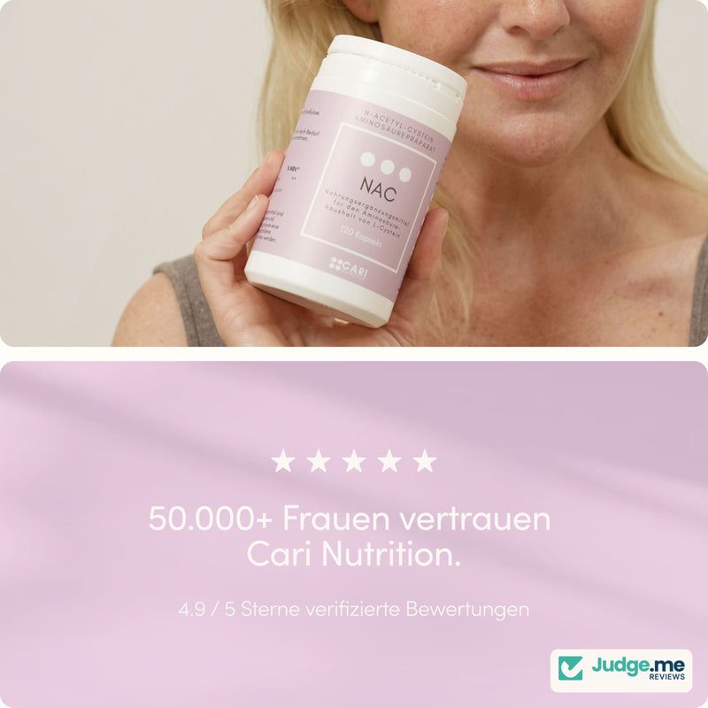 Frau hält eine Dose NAC 650mg von Cari Nutrition. 50.000+ Frauen vertrauen Cari Nutrition.