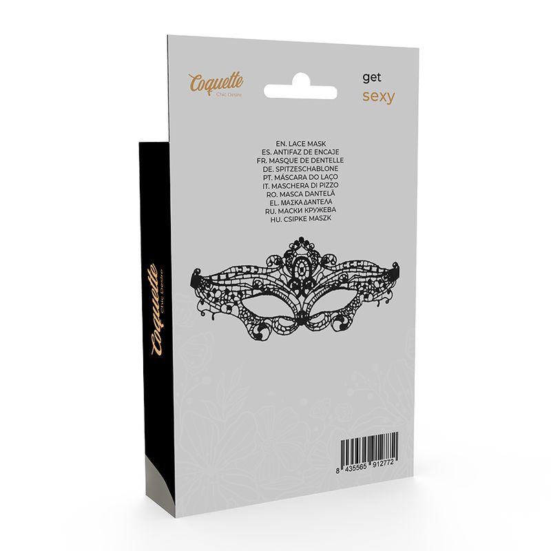 Rückseite der Coquette Spitzen-Augenmasken-Verpackung. Produktabbildung und Text in mehreren Sprachen.