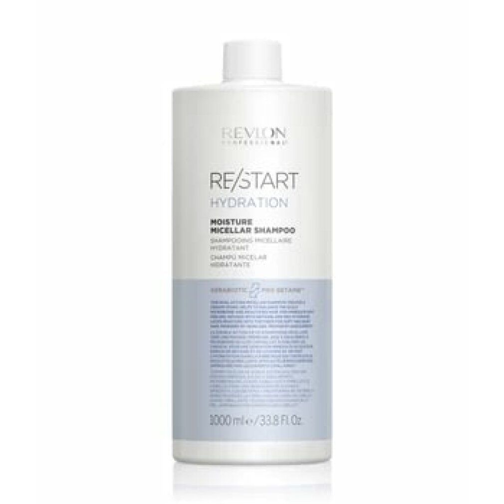Revlon Re-Start Hydration Shampoo. Weiße Flasche mit blauem Etikett. Text: RE/START Hydration, Moisture Micellar Shampoo.