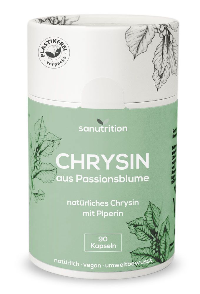 Zylindrische Dose mit "Sanutrition" und "Chrysin aus Passionsblume". Grün-weiße Verpackung mit 90 Kapseln. "Plastikfrei verpackt"-Logo.