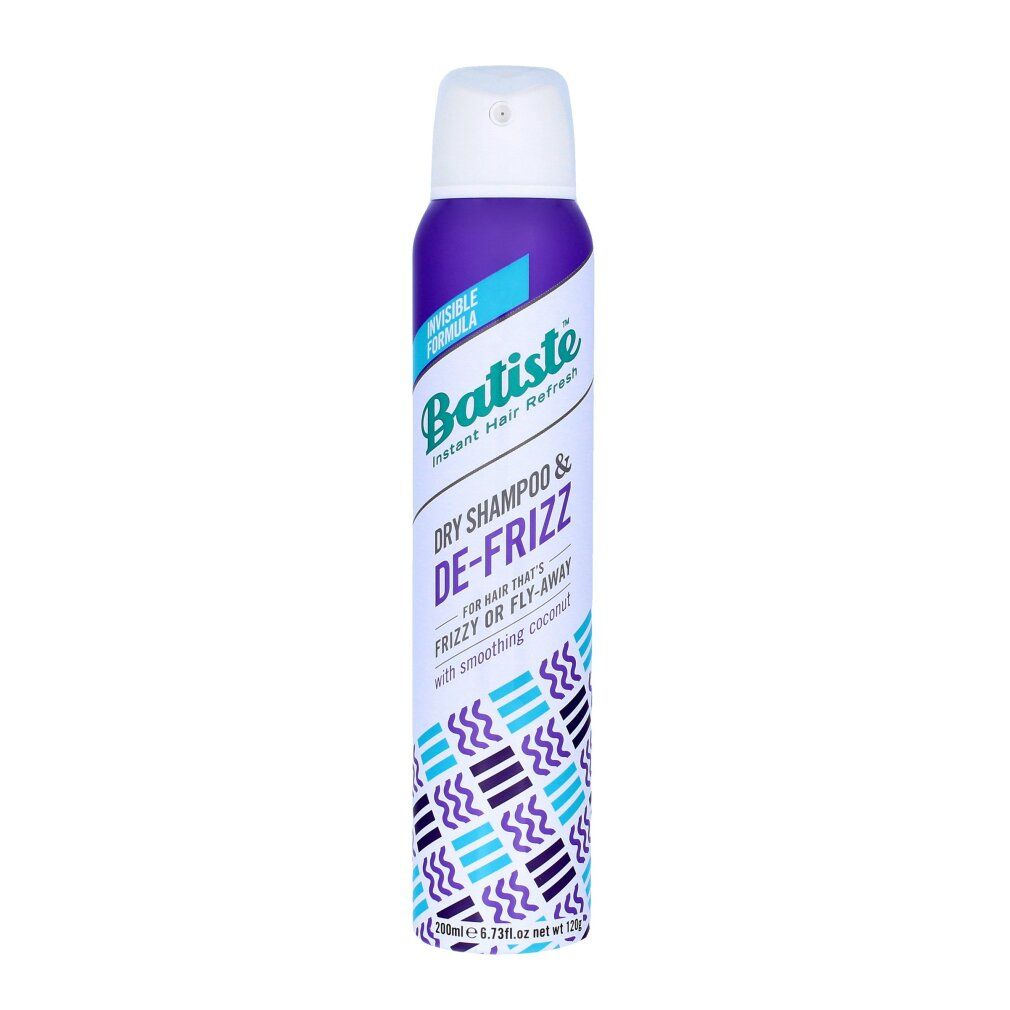Batiste Dry Shampoo & De-Frizz Aerosoldose mit lila und blauem Muster.