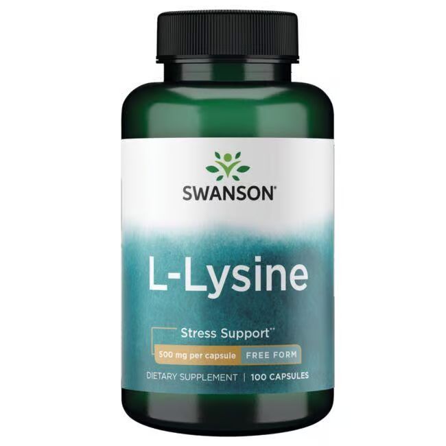 Grüne Flasche mit weißem Etikett. Aufschrift: SWANSON L-Lysin, 500 mg pro Kapsel, 100 Kapseln.