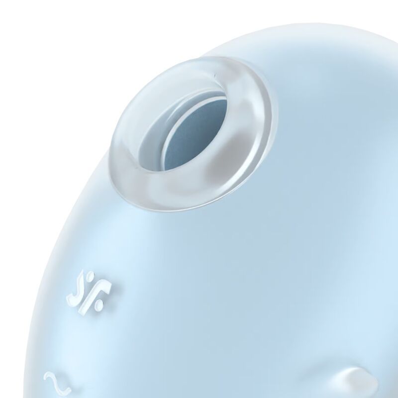 Nahaufnahme des hellblauen Auflegevibrators. Deutlich sichtbar ist die Öffnung und das Logo.