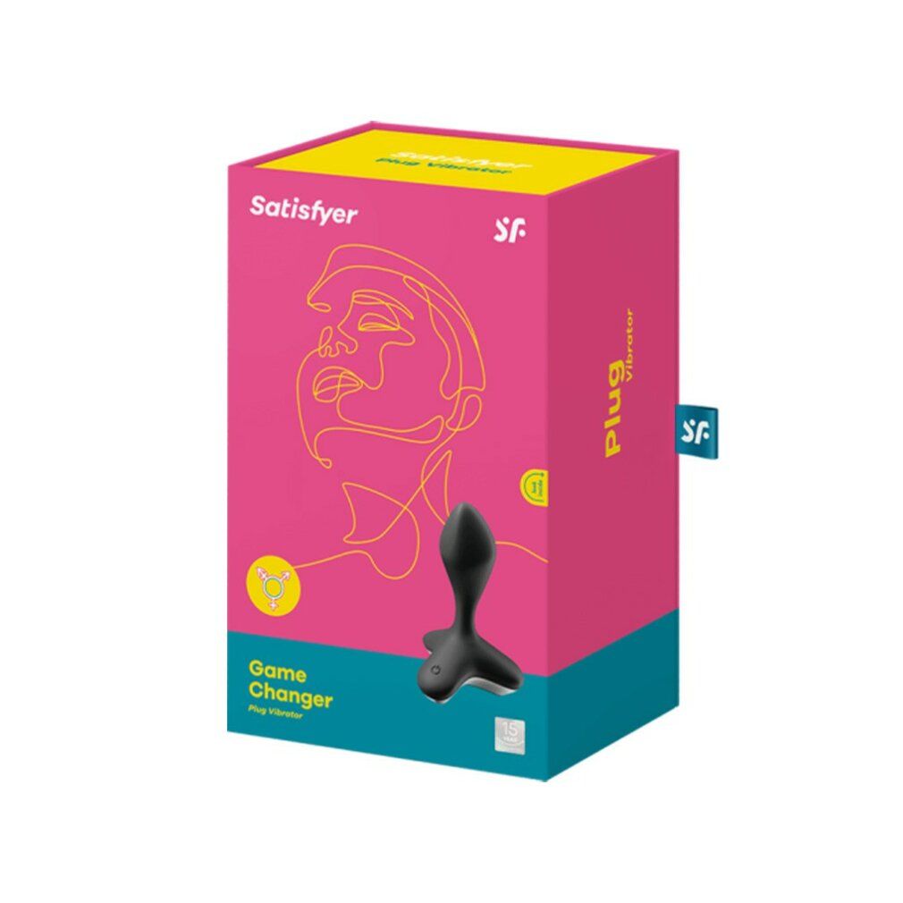 Verpackung mit schwarzem Analvibrator-Abbildung. Schriftzug "Satisfyer", "Game Changer" und "Plug Vibrator".