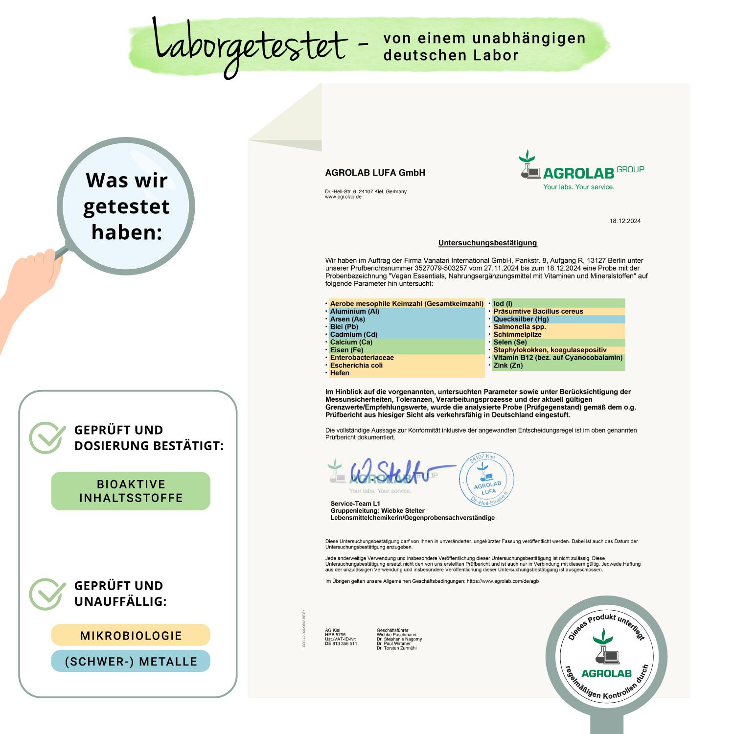 Laborbericht von Agrolab. Bestätigung von Bioaktiven Inhaltsstoffen und Mikrobiologie. Siegel: Geprüft und bestätigt.