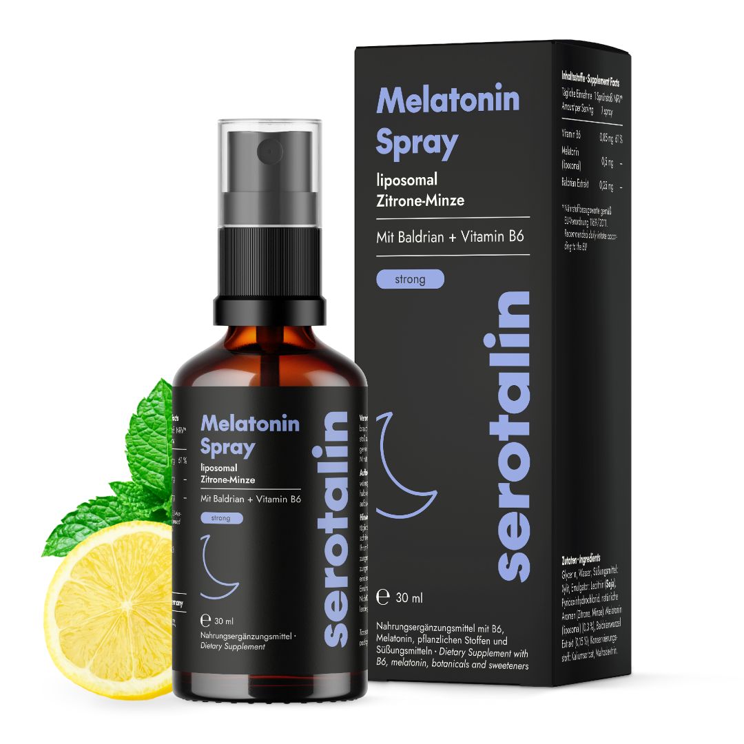 Produktverpackung: Flasche und Schachtel. Text: Melatonin Spray liposomal Zitrone-Minze. Mit Baldrian + Vitamin B6.