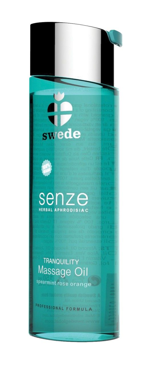 Türkisgrüne Flasche mit silbernem Deckel. Aufschrift: Swede, senze, Kräuter-Aphrodisiakum, Tranquility Massage Oil. Text auf Hintergrund.