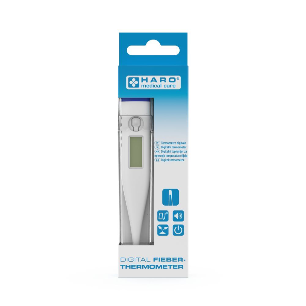 Digitales Fieberthermometer in Verpackung. HARO medical care. Weißes Thermometer mit Display. Blaue Verpackung mit Icons.