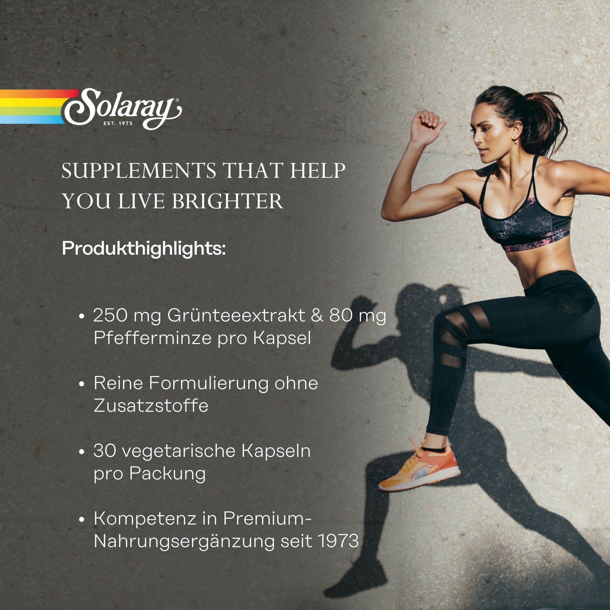 Solaray-Produkt. 250 mg Grünteeextrakt, 80 mg Pfefferminze pro Kapsel. 30 vegetarische Kapseln. Frau beim Joggen.
