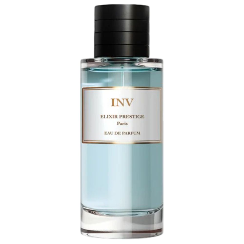 Parfümflakon mit INV-Etikett. Hellblaue Flüssigkeit im Glasflakon mit schwarzem Verschluss. Etikett mit INV, Elixir Prestige, Paris.