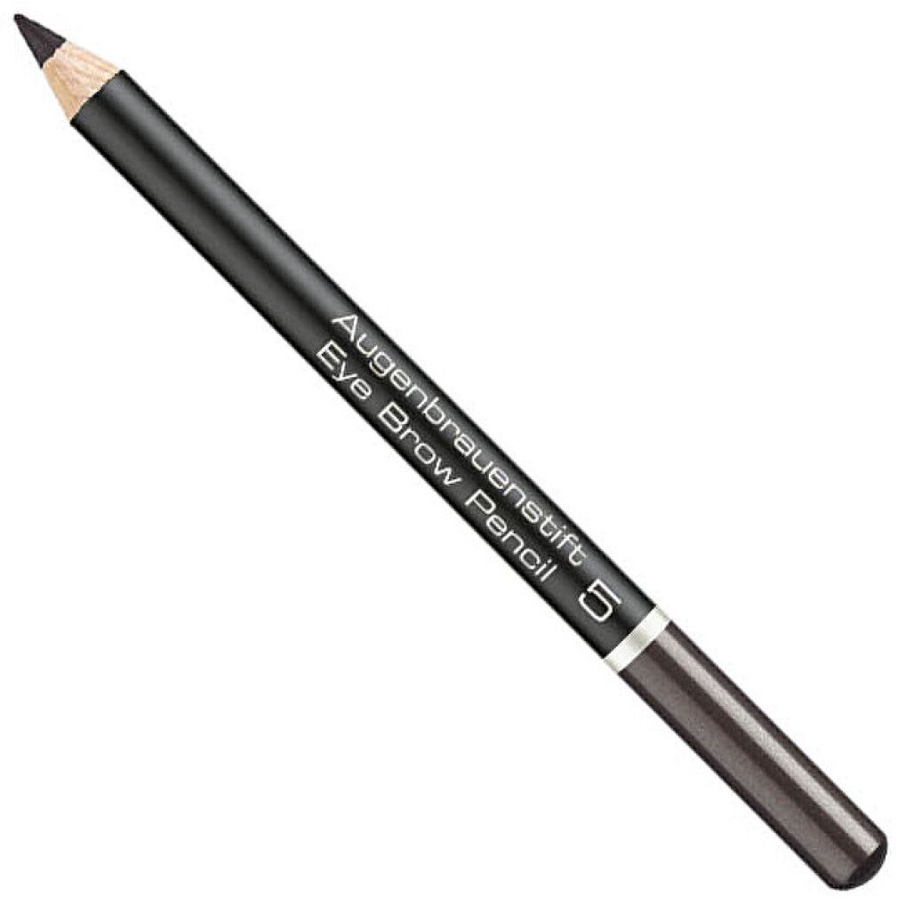 Augenbrauenstift, diagonal. Schwarz, silberner Ring, braune Spitze. Aufschrift: Augenbrauenstift Eye Brow Pencil 5.