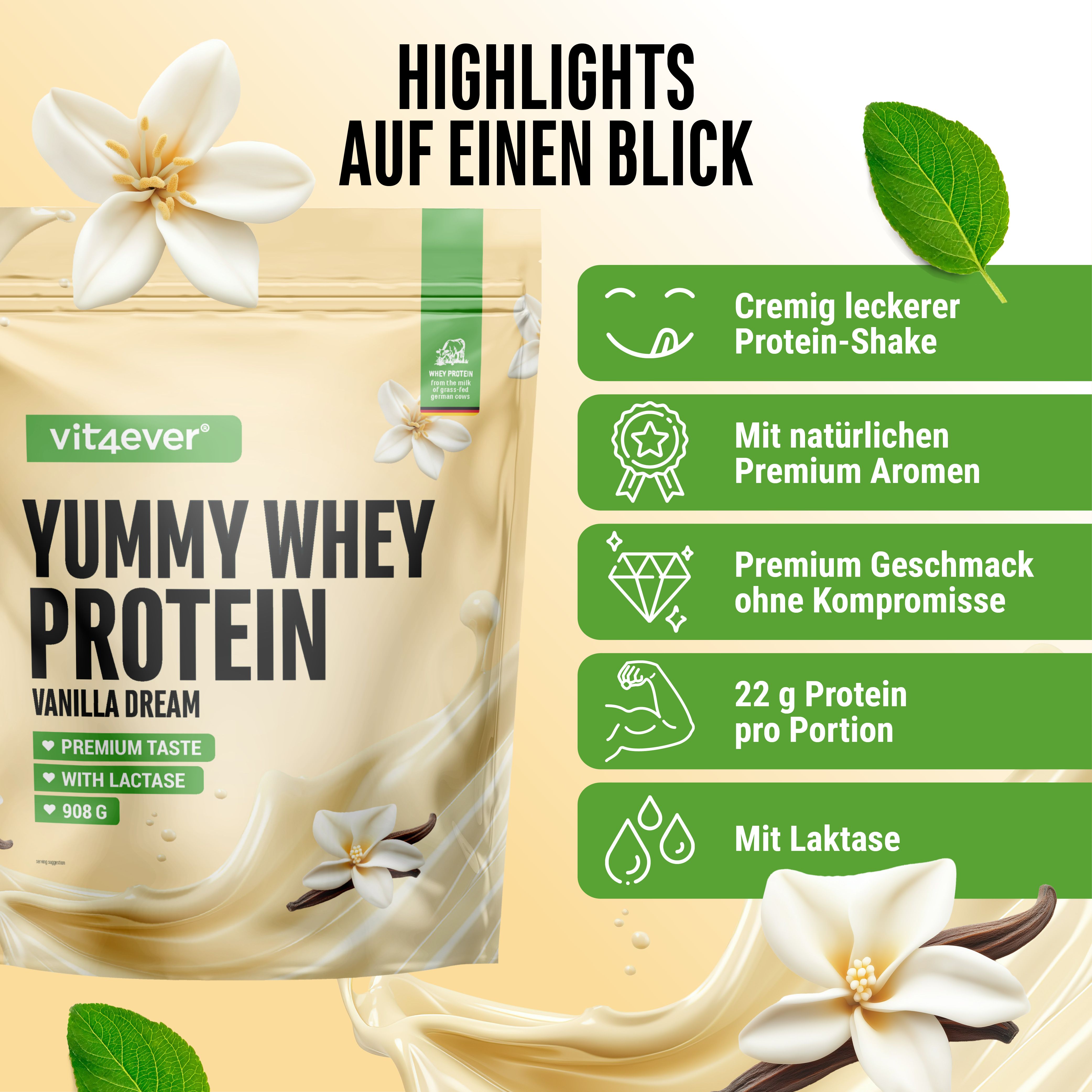 Yummy Whey Protein, Vanille Dream. Aufzählung von Vorteilen. Mit Blüten und Vanilleschoten dekoriert.