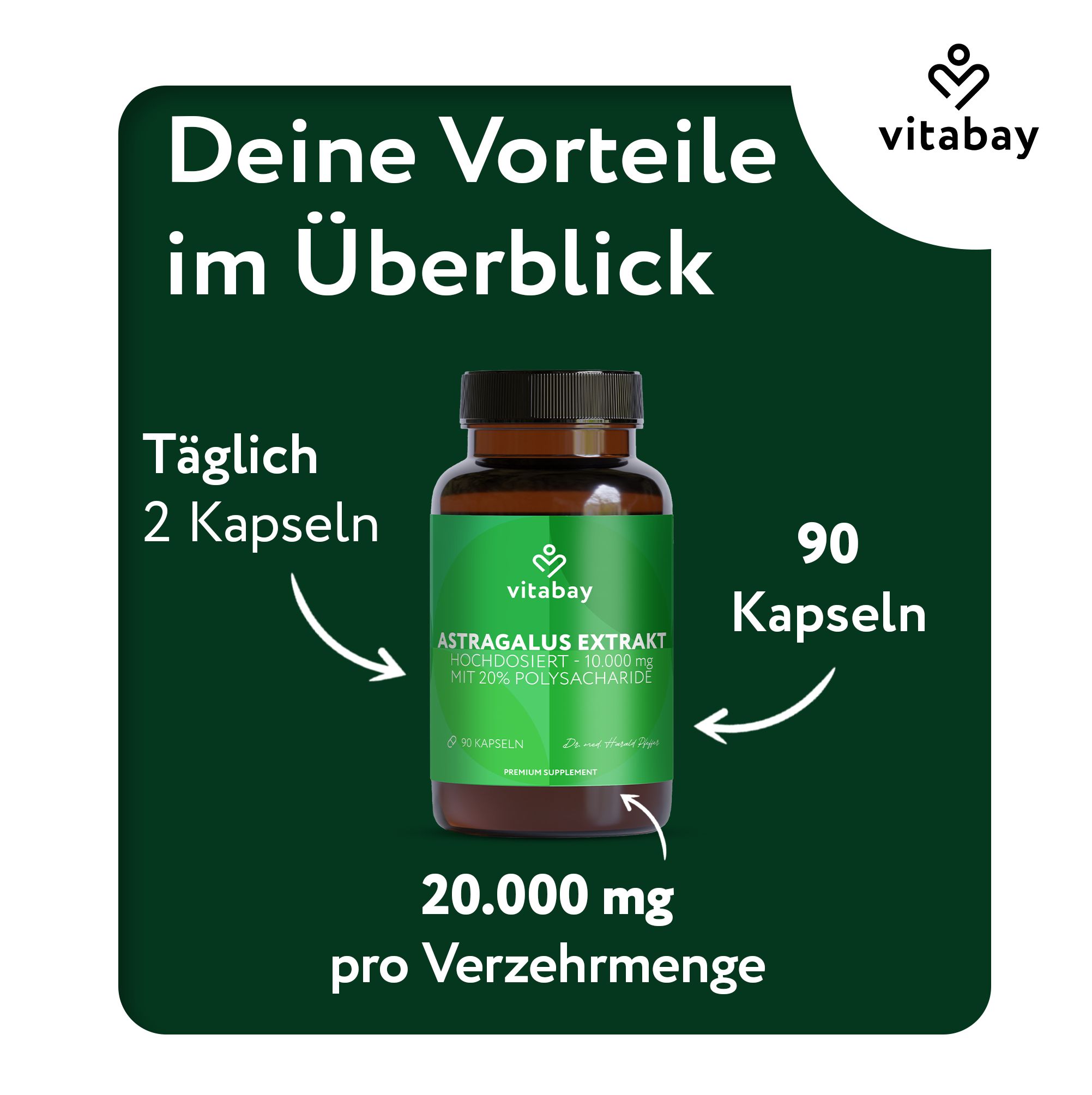 Vitabay Astragalus Extrakt Flasche, 90 Kapseln, 20.000 mg pro Verzehrmenge.