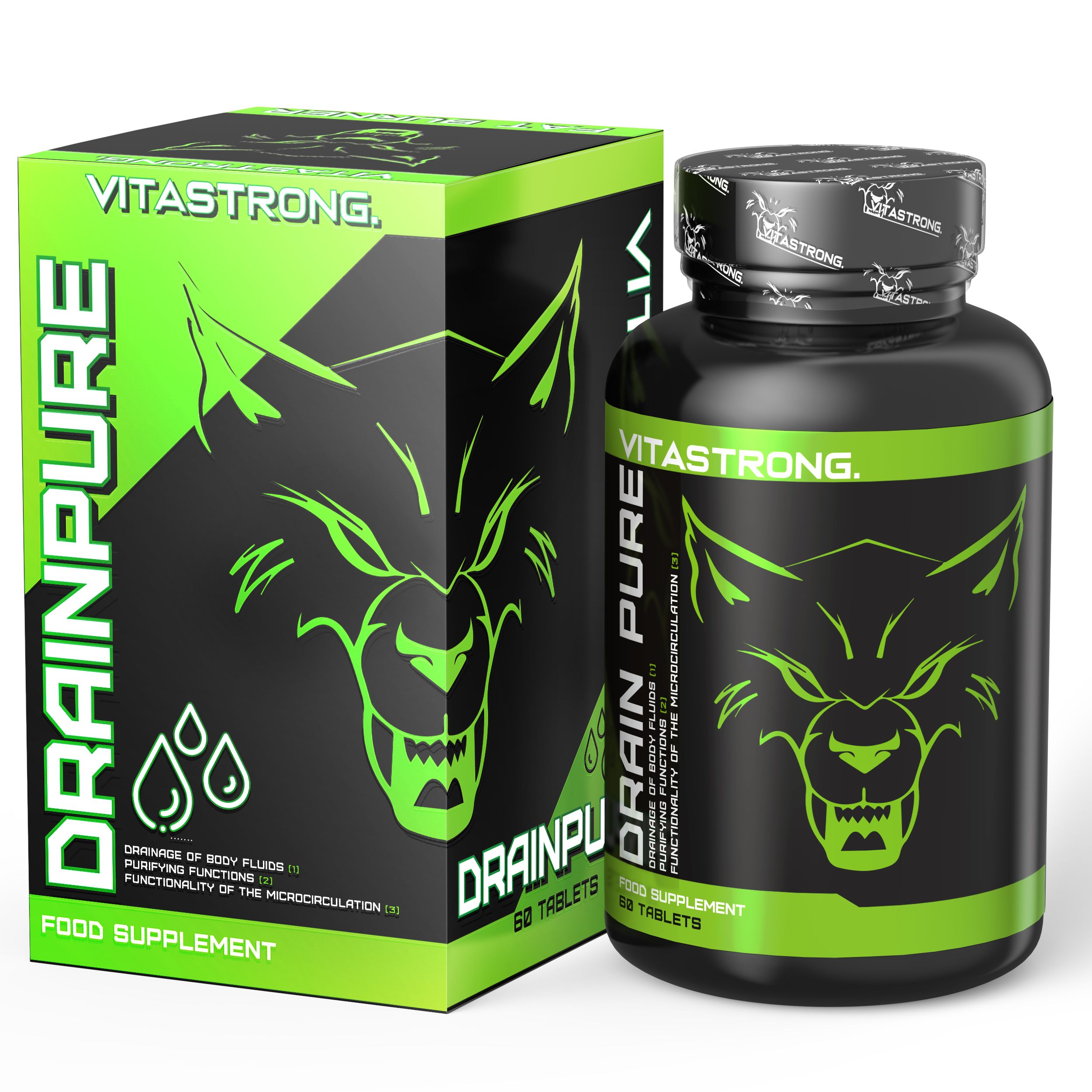 Vitastrong Drainpure. Schwarze Flasche und Schachtel mit grünem Etikett. 60 Tabletten. Wolf-Logo.