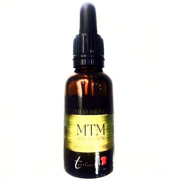 Braune Glasflasche mit schwarzem Deckel und Pipette. Aufschrift "MTM Man to Man" und "Pheromone".