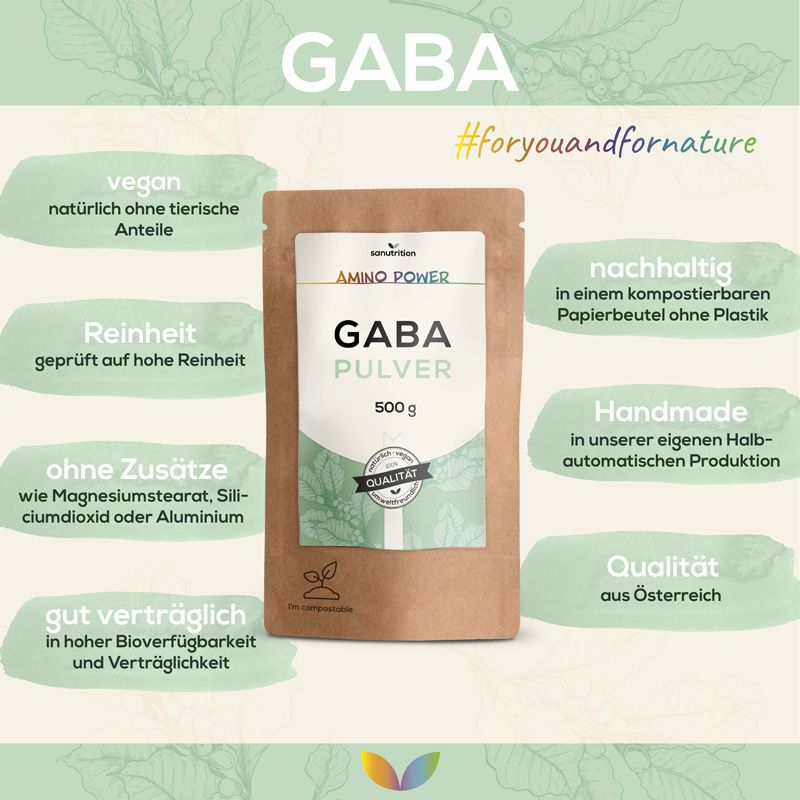 Braune Papierverpackung mit weißem Etikett. Aufschrift: GABA Pulver, 500 g. Logo: Sanutrition. Text: vegan, ohne Zusätze, Qualität aus Österreich.
