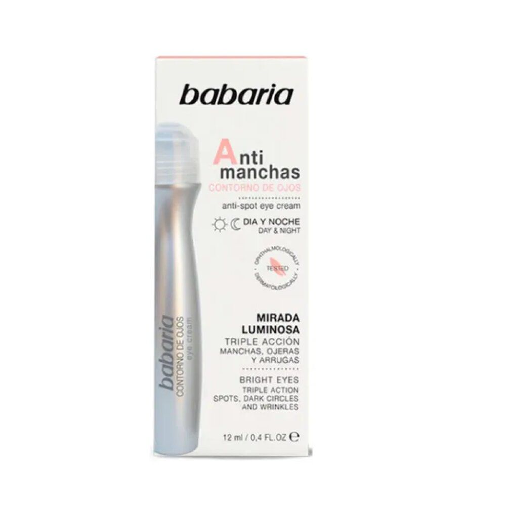 Babaria Anti-Spot Augencreme. Silberne Tube mit Roll-On-Applikator und Verpackung. Text: Anti-Flecken, Tag & Nacht.