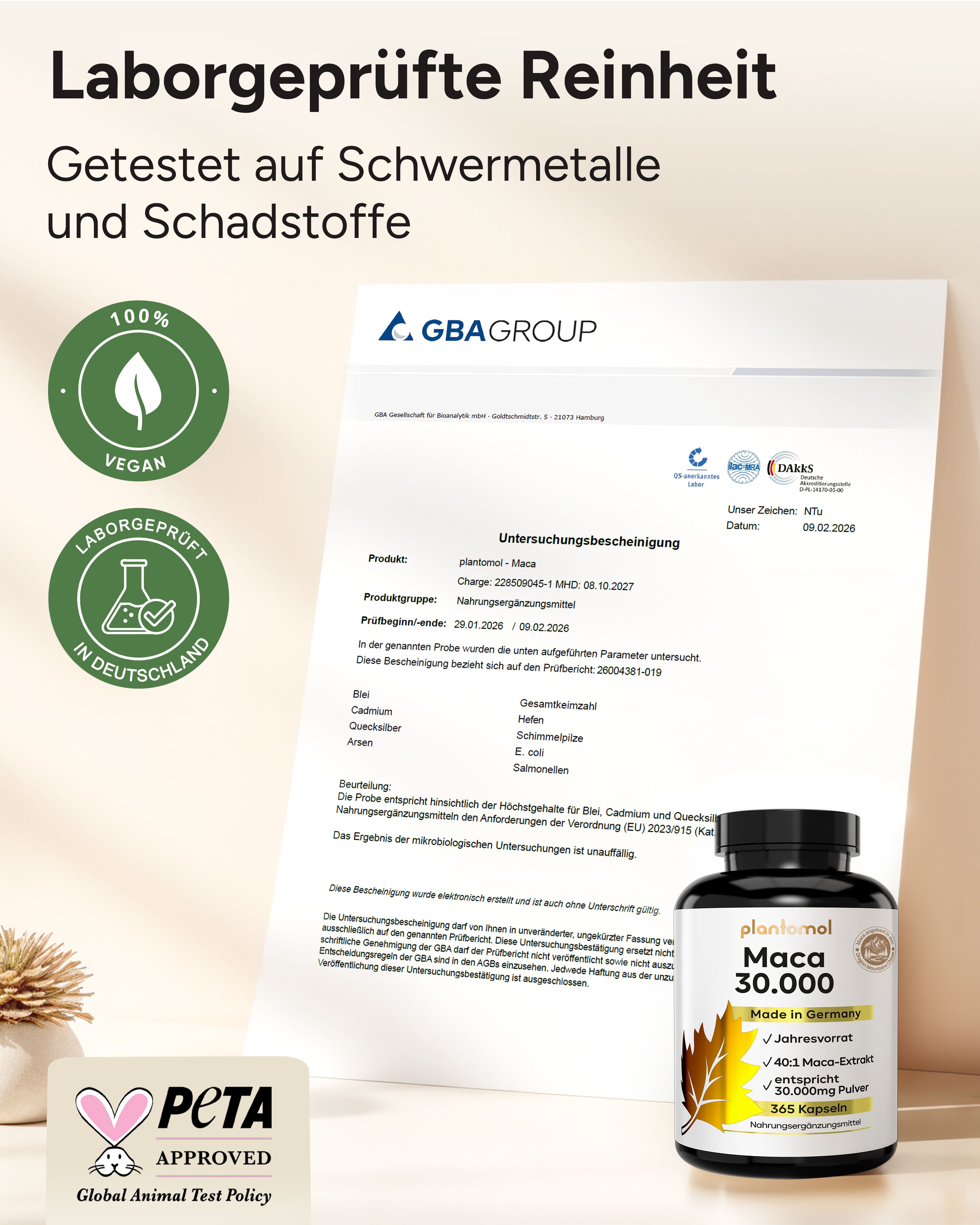 Zertifizierungsdokument mit Flasche. Vegan- und Laborgeprüft-Siegel. PETA-Logo. Flasche mit Kapseln.