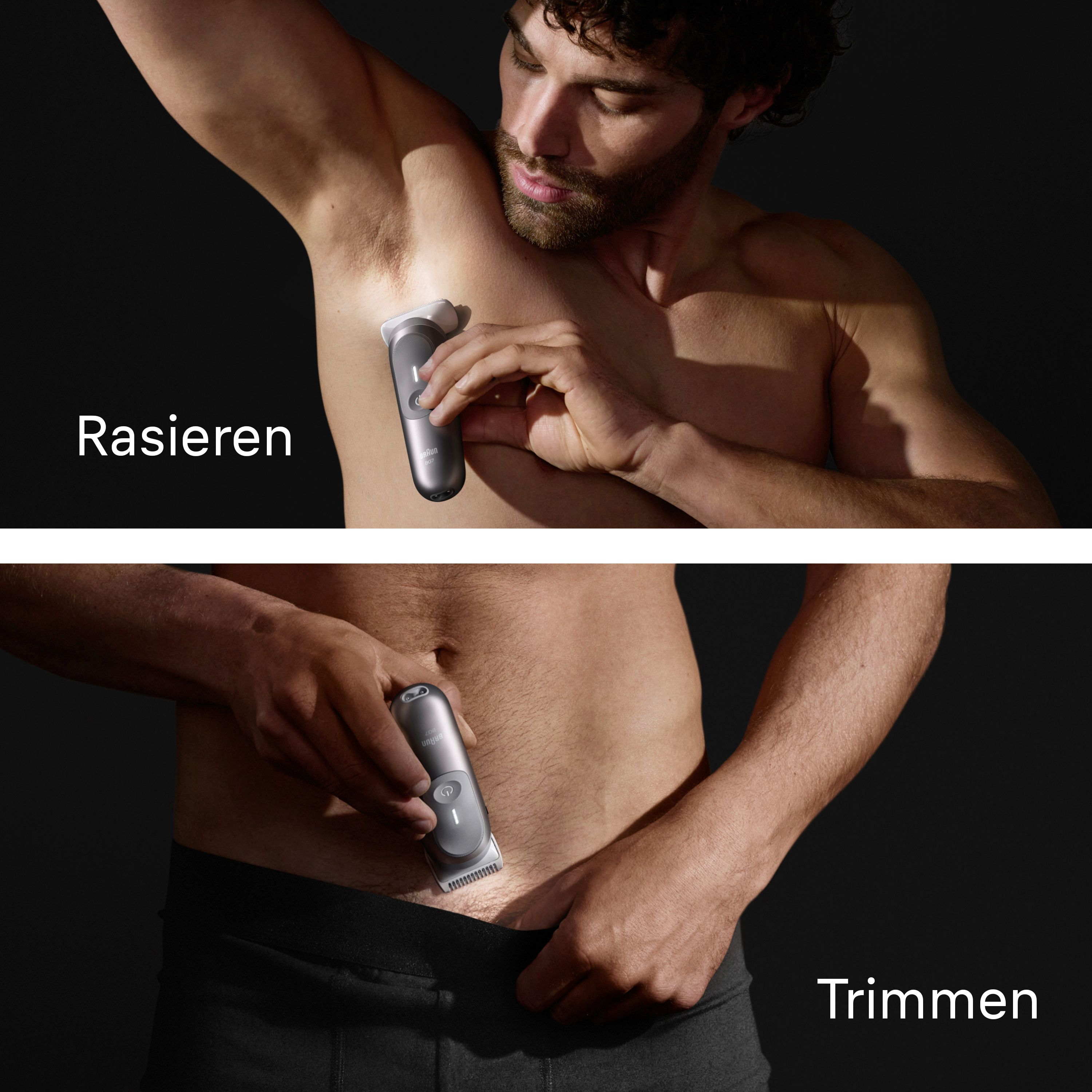 Mann benutzt Braun BodyGroomer Series 7 zur Rasur und zum Trimmen.