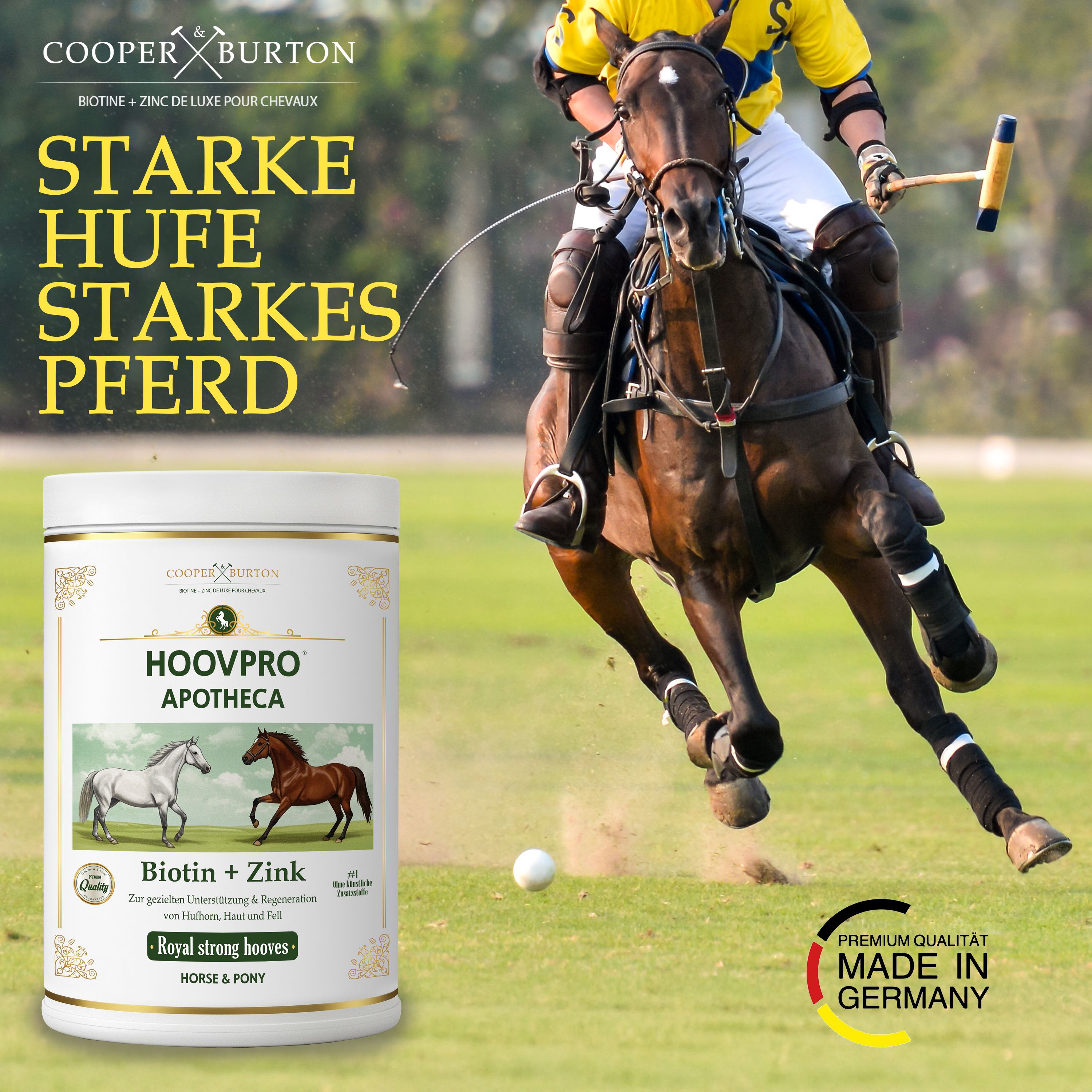 Polo-Spieler auf Pferd. Produkt HOOVPRO APOTHECA. Text: Starke Hufe, starkes Pferd. Made in Germany.
