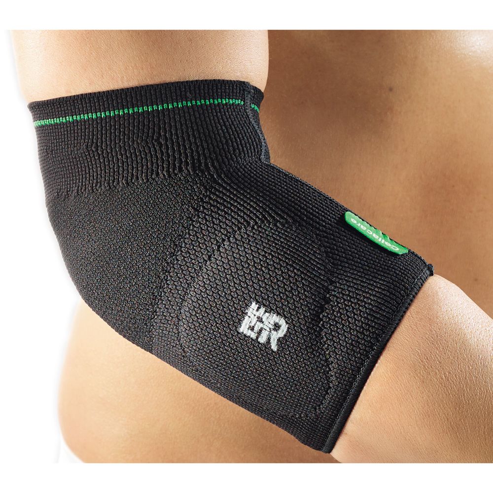 Schwarze Ellbogenbandage mit grünen Akzenten und weißem Logo.