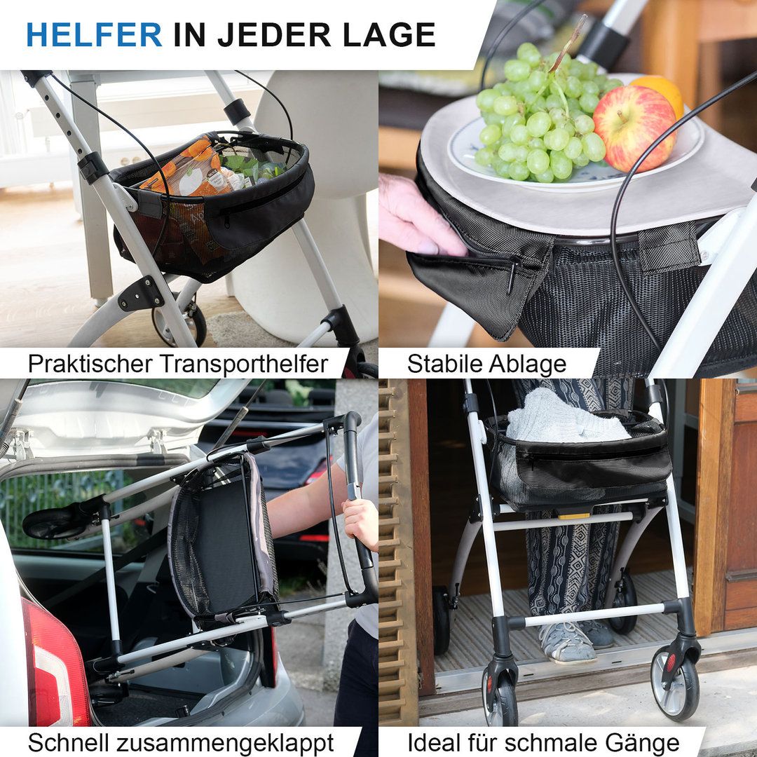 Rollator mit Korb und Tablett in verschiedenen Anwendungsszenarien: Transport, Ablage, zusammengeklappt.